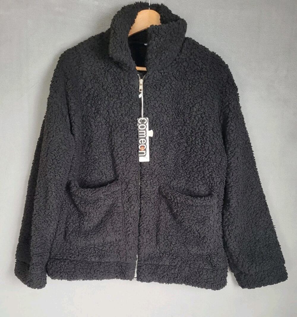 Comeon Womens Long Sleeve Zip-Up Faux Shearling Shaggy Oversized Jacket Medium